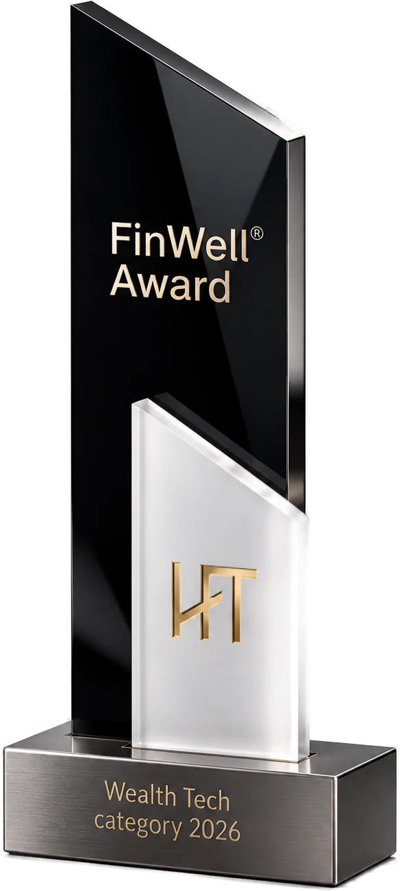 The FinWell Award trophy: an angled black glass panel with gold FinWell Award lettering, a frosted glass panel with the gold HoFT monogram and a brushed-steel base engraved Wealth Tech category 2026
